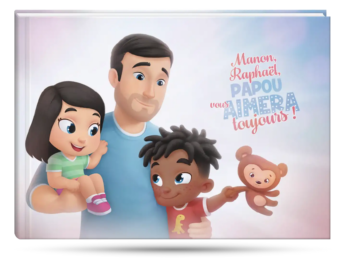 Pour un anniversaire, un cadeau de Noël ou pour la fête des pères, ce livre personnalisé pour Papa et deux enfants sera un cadeau formidable.