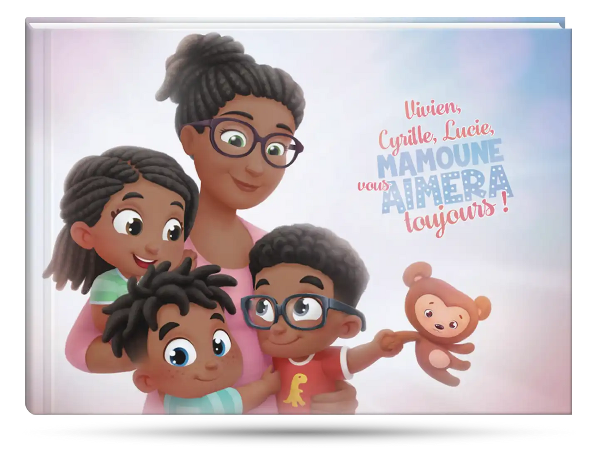 Une maman et ses trois enfants représentés sur un livre personnalisé Hourra Héros. Une idée cadeau pour Maman incroyable.