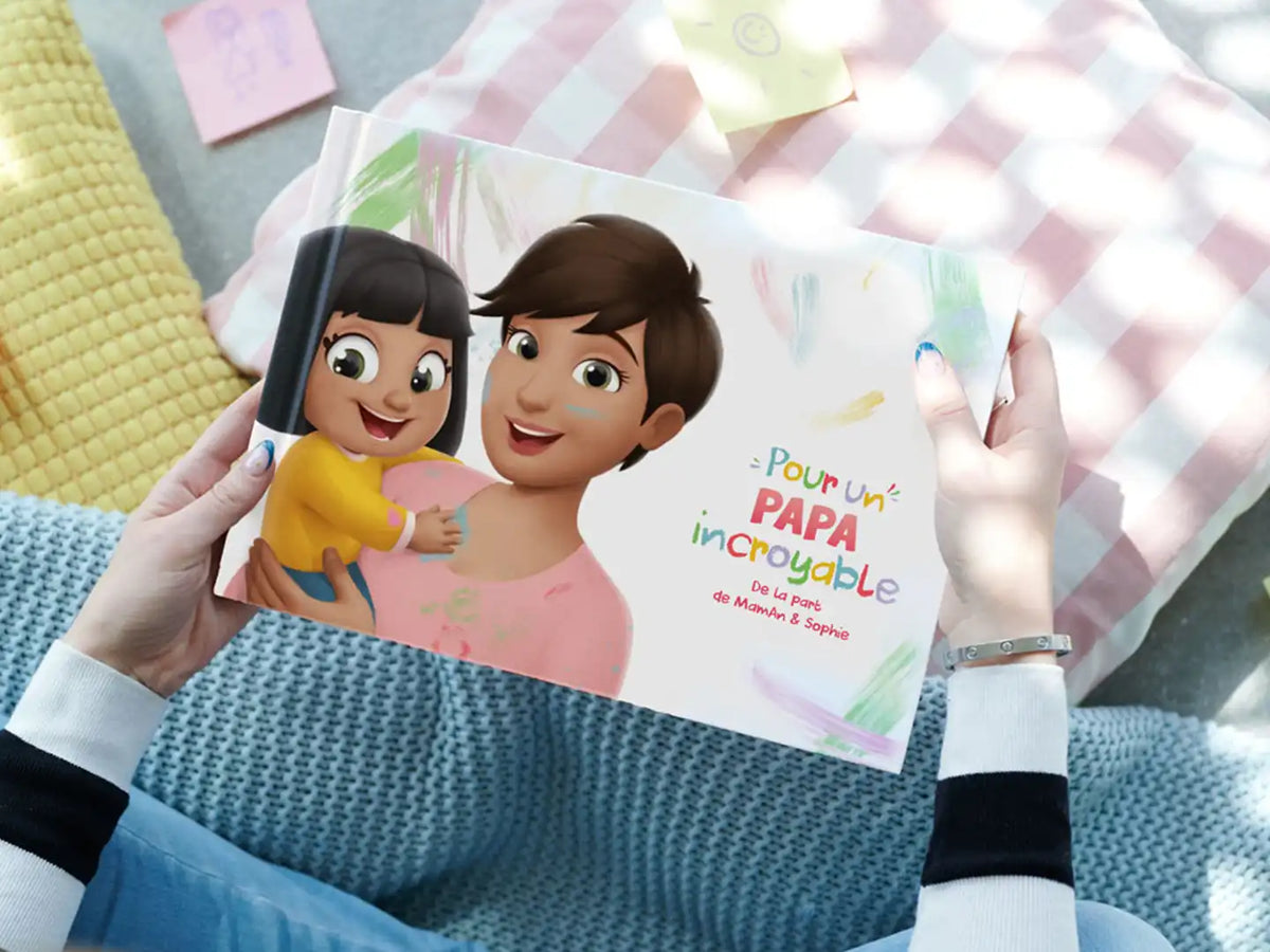 Couverture de "Pour un Papa incroyable", un livre personnalisé pour papa, avec maman et enfant sur la couverture.