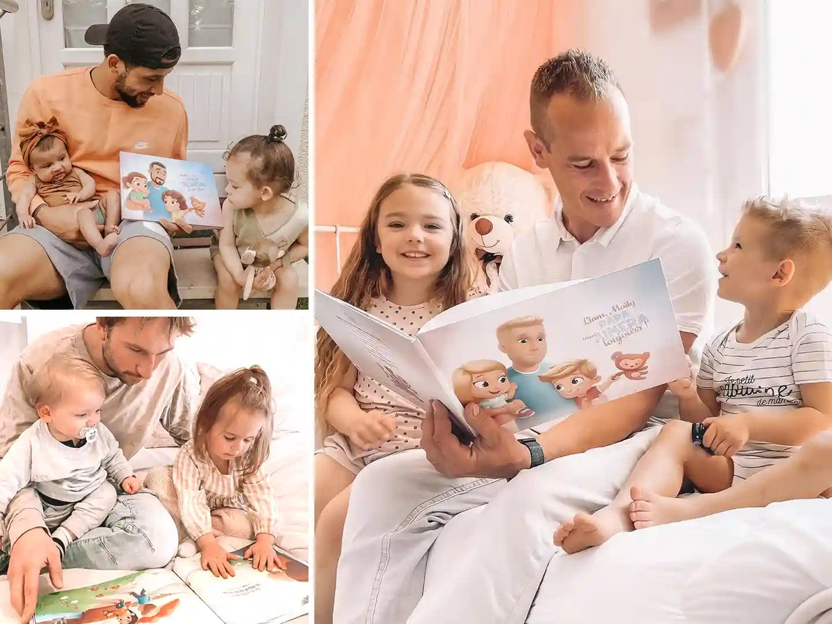 Réunissez Papa et ses deux enfants autour de la lecture grâce au livre personnalisé pour Papa de chez Hourra Héros.