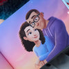 Illustration détaillée et colorée d’un couple regardant un coucher de soleil, issue du meilleur cadeau pour un anniversaire : un livre personnalisé pour un petit ami ou une petite amie.