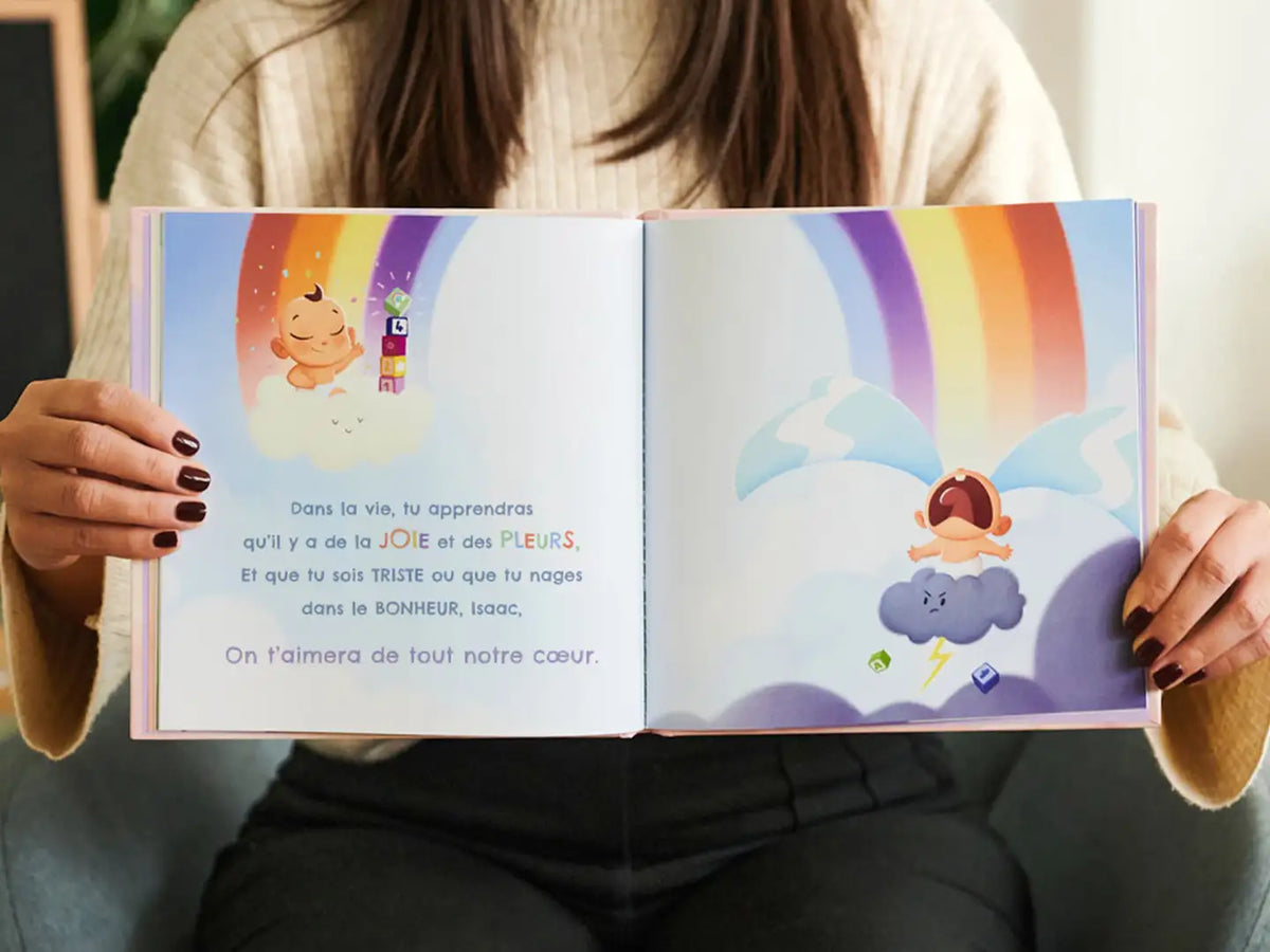Les textes de cet ouvrage personnalisé pour les bébés sont adaptés pour capter l'attention des nouveaux-nés et petits. Les contrastes sont présents partout.