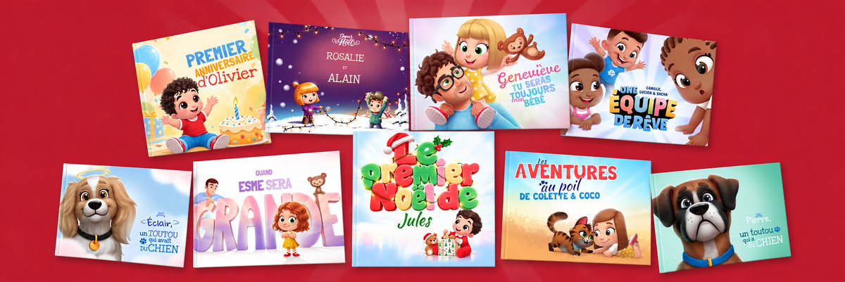 Une sélection de livres personnalisés Hourra Héros, du premier anniversaire et du premier Noël aux aventures avec chiens et chats.