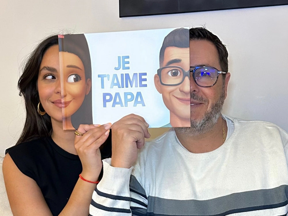 Un papa et sa fille vivant un moment de complicité avec le meilleur cadeau de Noël pour Papa : un livre personnalisé Hourra Héros.