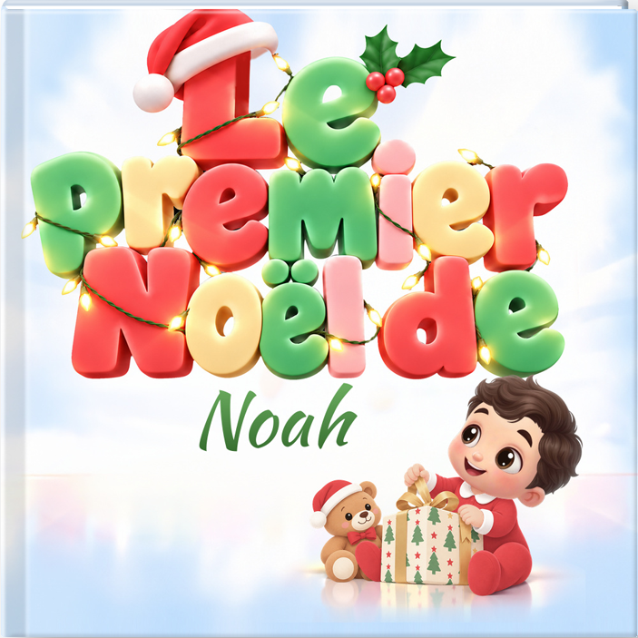 Livre du premier Noël à couverture rigide avec un bébé, un cadeau et un ours en peluche