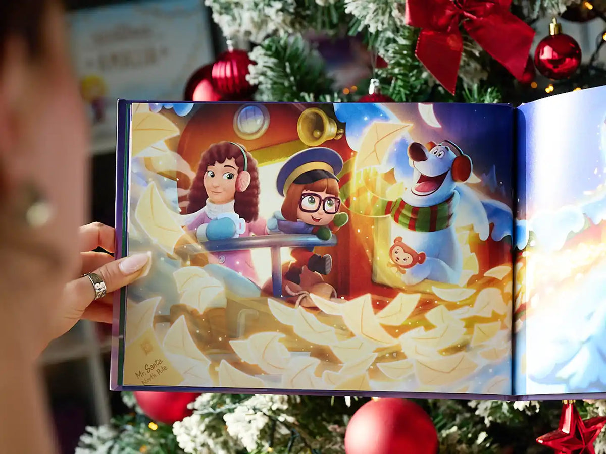 Une illustration vibrante d’un livre de Noël personnalisé.