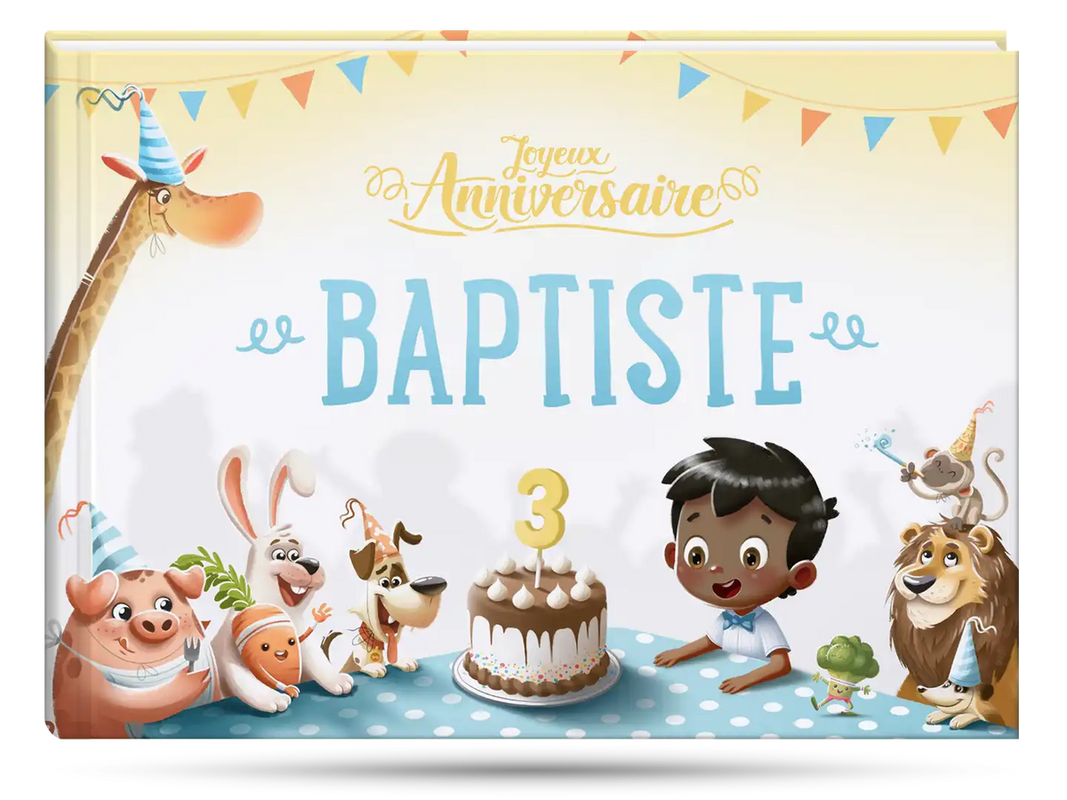 La couverture du livre d'anniversaire personnalisé qui est le cadeau parfait pour un enfant de trois ans.