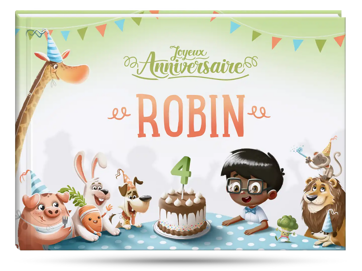 La couverture du livre d'anniversaire personnalisé qui est le cadeau parfait pour un enfant de quatre ans.