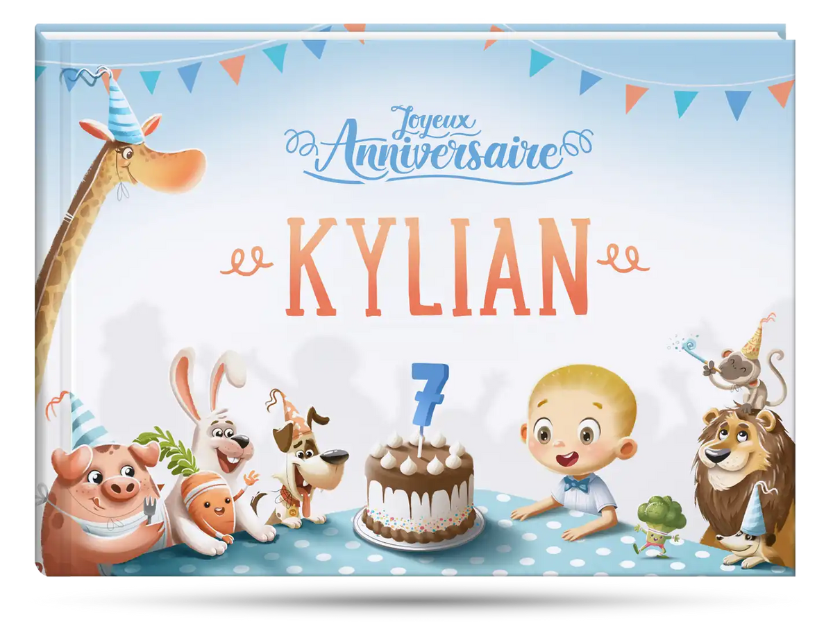 La couverture du livre d'anniversaire personnalisé qui est le cadeau parfait pour un enfant de sept ans.