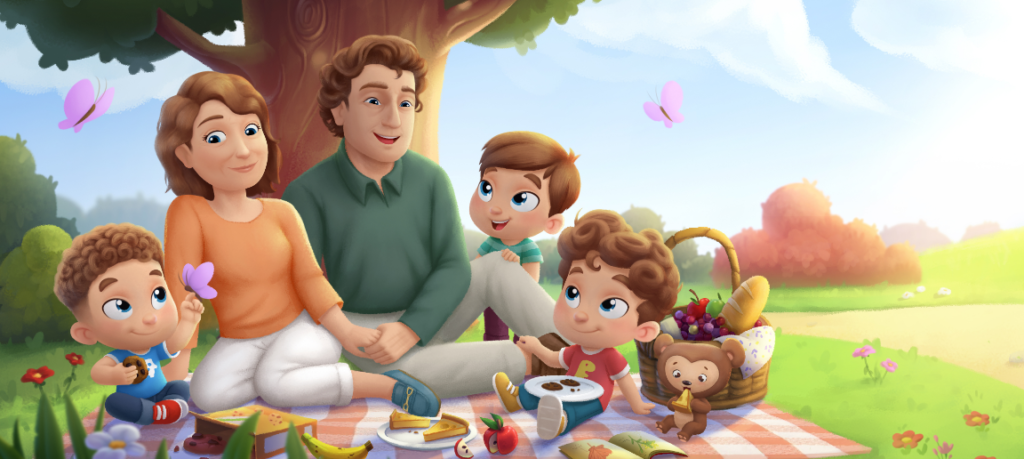 Illustration de l'introduction du livre pour grands-parents et 3 enfants par Hourra Héros.